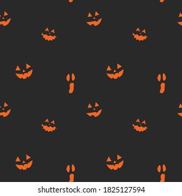 Halloween seamless pattern with orange pumpkin carved faces on black background