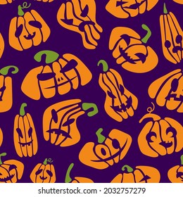 Halloween Seamless Pattern of Orange Pumpkin on Dark Background. Funny Cartoon illustration Digital Paper. Spooky Holiday Texture Perfect for Home Decor, Gift Wrapping and Textiles. Vector art