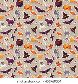 Halloween Seamless Pattern with Orange Pumpkin, Spider Web, Witch Hat and Cauldron, Skull and Crossbones. Vector Illustration. Flat Sticker Icons on Polka Dots Background.