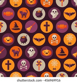 Halloween Seamless Pattern with Orange Pumpkin, Spider Web, Witch Hat, Broom and Cauldron, Skull and Crossbones. Vector Illustration. Flat Icons in Circles on Dark Background