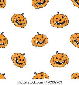 Halloween seamless pattern with orange pumpkin. Beautiful vector background for decoration halloween designs. Cute minimalistic art elements on white backdrop.