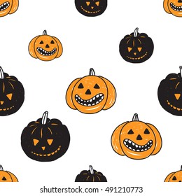 Halloween seamless pattern with orange pumpkin and black pumpkin. Beautiful vector background for decoration halloween designs. Cute minimalistic art elements on white backdrop.