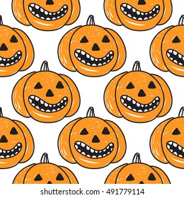 Halloween seamless pattern with orange pumpkin. Beautiful vector background for decoration halloween designs. Cute minimalistic art elements on white backdrop.