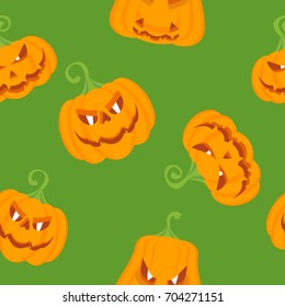 Halloween seamless pattern with orange pumpkin. festive decoration of advertising and congratulatory products. Flat vector cartoon illustration. Objects isolated on green background.