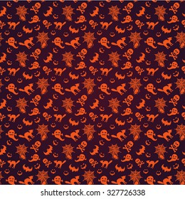 A halloween seamless pattern in orange and purple background.