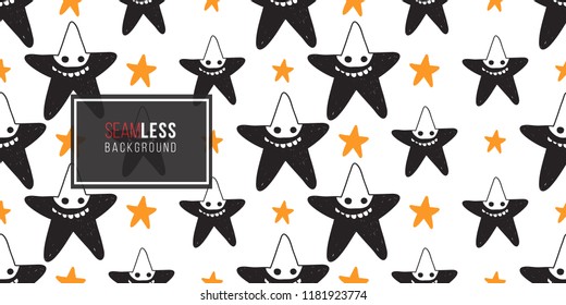 Halloween seamless pattern with orange star and black star robber. Cute vector background for decoration halloween cadrs, package paper, flyer. 
