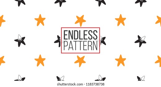 Halloween seamless pattern with orange star and black star robber. Cute vector background for decoration halloween cadrs, package paper, flyer. 