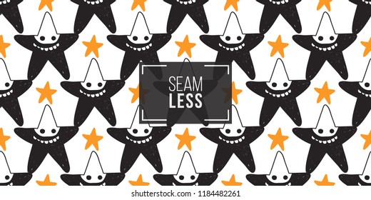 Halloween seamless pattern with orange star and black star robber. Cute vector background for decoration halloween cadrs, package paper, flyer. 