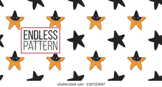 Halloween seamless pattern with orange star robber and black star. Cute vector background for decoration halloween cadrs, package paper, flyer. 