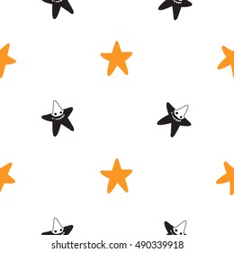 Halloween seamless pattern with orange star and black star robber. Beautiful vector background for decoration halloween designs. Cute minimalistic art elements on white backdrop.