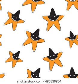 Halloween seamless pattern with orange star robber. Beautiful vector background for decoration halloween designs. Cute minimalistic art elements on white backdrop.