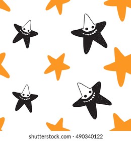 Halloween seamless pattern with orange star and black star robber. Beautiful vector background for decoration halloween designs. Cute minimalistic art elements on white backdrop.
