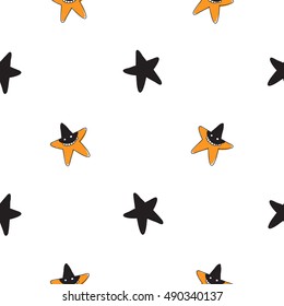 Halloween seamless pattern with orange star robber and black star. Beautiful vector background for decoration halloween designs. Cute minimalistic art elements on white backdrop.