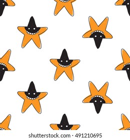 Halloween seamless pattern with orange star robber. Beautiful vector background for decoration halloween designs. Cute minimalistic art elements on white backdrop.