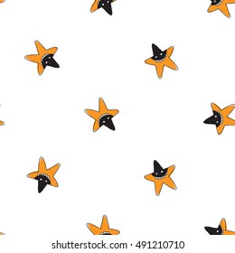 Halloween seamless pattern with orange star robber. Beautiful vector background for decoration halloween designs. Cute minimalistic art elements on white backdrop.