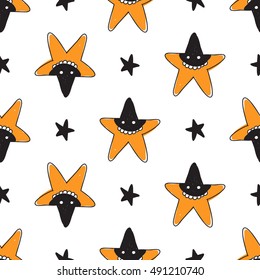 Halloween seamless pattern with orange star robber and black star. Beautiful vector background for decoration halloween designs. Cute minimalistic art elements on white backdrop.