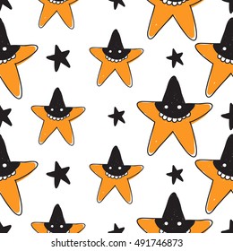 Halloween seamless pattern with orange star robber and black star. Beautiful vector background for decoration halloween designs. Cute minimalistic art elements on white backdrop.