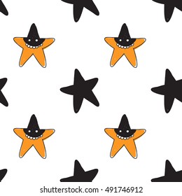 Halloween seamless pattern with orange star robber and black star. Beautiful vector background for decoration halloween designs. Cute minimalistic art elements on white backdrop.