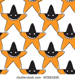 Halloween seamless pattern with orange star robber. Beautiful vector background for decoration halloween designs. Cute minimalistic art elements on white backdrop.
