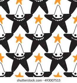 Halloween seamless pattern with orange star and black star robber. Beautiful vector background for decoration halloween designs. Cute minimalistic art elements on white backdrop.
