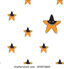 Halloween seamless pattern with orange star robber. Beautiful vector background for decoration halloween designs. Cute minimalistic art elements on white backdrop.