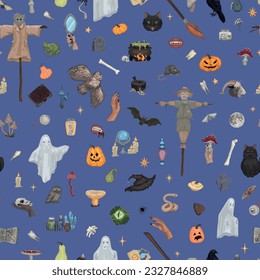 Halloween seamless pattern. Ornament of witchcraft, animals, ghosts, occult items. Spooky vector illustration in cartoon style..