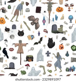 Halloween seamless pattern. Ornament of zombies, witchcraft, animals, ghosts, occult items. Spooky vector illustration in cartoon style.