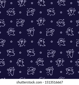 Halloween seamless pattern with outline ghosts emoji, stars on dark blue background, funny and scary creepy characters with various facial expressions, traditional holiday magiс creature, vector 
