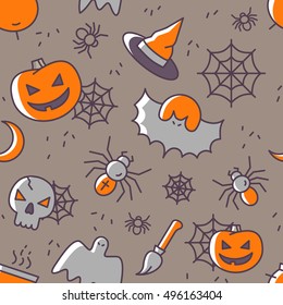 Halloween seamless pattern with outline icons. Vector Illustration. Colorful icons on white Backdrop. Pumpkins, bat, skull, spiders and web on light background. Halloween Concept.