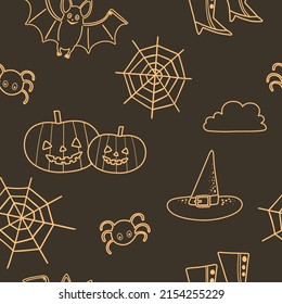 Halloween seamless pattern with outline witch hat, pumpkin and spider on dusty black background. Autumn digital background with vector hand drawn elements. Seamless pattern for kids fabric, textile.