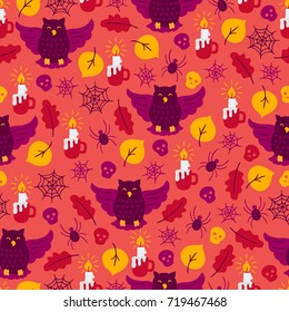 Halloween seamless pattern with owl, candle, leaves, skull, spider, web on orange background. Perfect for wallpaper and greeting cards

