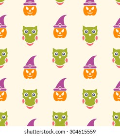 Halloween Seamless Pattern Owl and Pumpkin - vector