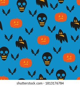 Halloween seamless pattern with pampkin, ghost and skulls silhouettes on blue background. Vector Illustration