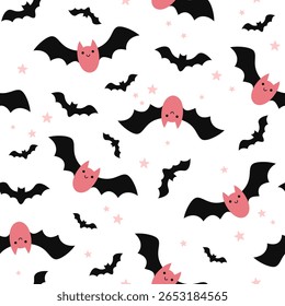 Halloween padrão sem costura com morcegos cor-de-rosa. Plano de fundo vetorial desenhado à mão na estação assustadora.	