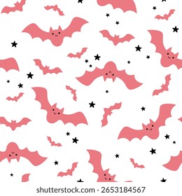 Halloween padrão sem costura com morcegos cor-de-rosa. Plano de fundo vetorial desenhado à mão na estação assustadora.	