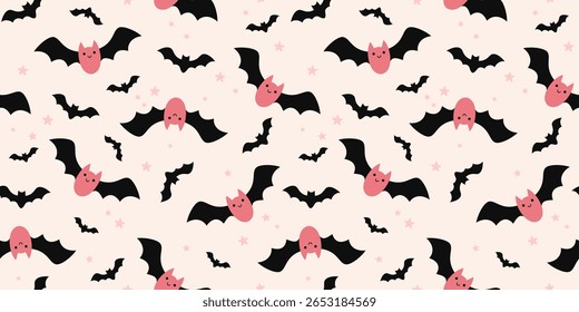 Halloween padrão sem costura com morcegos cor-de-rosa. Plano de fundo vetorial desenhado à mão na estação assustadora.	