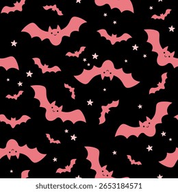 Halloween padrão sem costura com morcegos cor-de-rosa. Plano de fundo vetorial desenhado à mão na estação assustadora.	