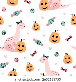 Halloween seamless pattern with pink dinosaur, pumpkins and candies. Spooky vector background