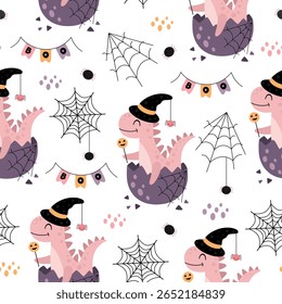 Dia das Bruxas padrão sem costura com dinossauro rosa, aranhas, teia de aranha. Fundo de vetor assustador