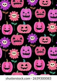 halloween seamless pattern with pink pumpkins and spooky flowers on black background, cute scary jack o lantern faces and skull blooms, festive cartoon vector