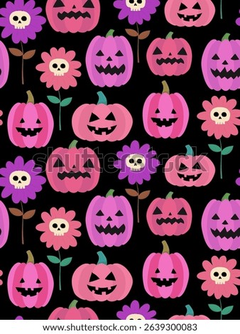 halloween seamless pattern with pink pumpkins and spooky flowers on black background, cute scary jack o lantern faces and skull blooms, festive cartoon vector