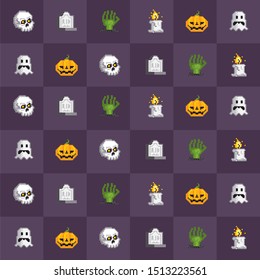 Halloween seamless pattern. Pixel art, vintage video game 8-bit style.