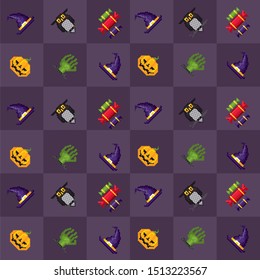 Halloween seamless pattern. Pixel art, vintage video game 8-bit style.
