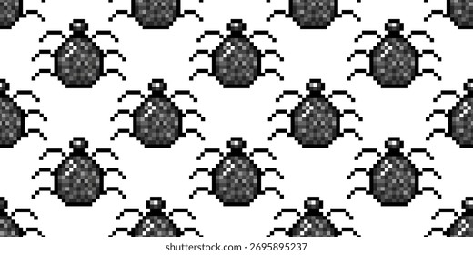 Nahtloses Halloween-Muster. Pixel Art Vektor nahtloses Hintergrunddesign aus schwarzem Pixel Spider. Halloween Tapete Wrapping Papier Vorlage Design. EPS 10