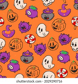 Halloween seamless pattern with pixel elements vector background.