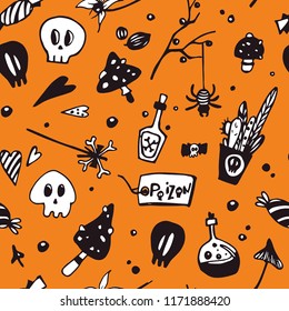 Halloween seamless pattern with poisonous elements: spiders, skulls, mushrooms. Seamless vector background.