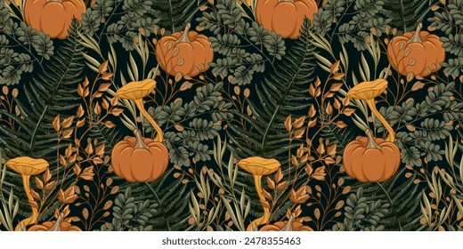 Halloween Seamless Pattern with Poisonous Mushrooms, Forest Plants and Pumpkins, Hand Drawn Vector Illustration. Design for fabric and wallpaper.