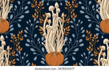 Halloween Seamless Pattern with Poisonous Mushrooms, Forest Plants and Pumpkins, Hand Drawn Vector Illustration. Design for fabric and wallpaper.