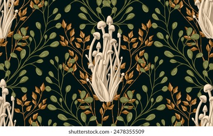 Halloween Seamless Pattern with Poisonous Mushrooms and Forest Plants. Hand Drawn Vector Illustration. Design for fabric and wallpaper.