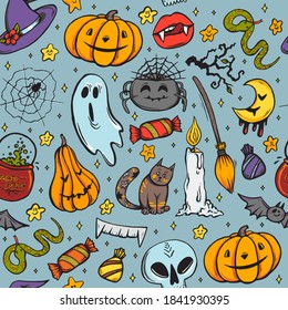 Halloween seamless pattern in pop art retro comic style with hand drawn pumpkin, skull, vampire, bat, other objects